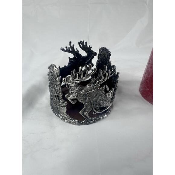 Pewter Santa Reindeer Sleigh Christmas Candle Holder Round Metal 3" Diameter - Picture 4 of 5
